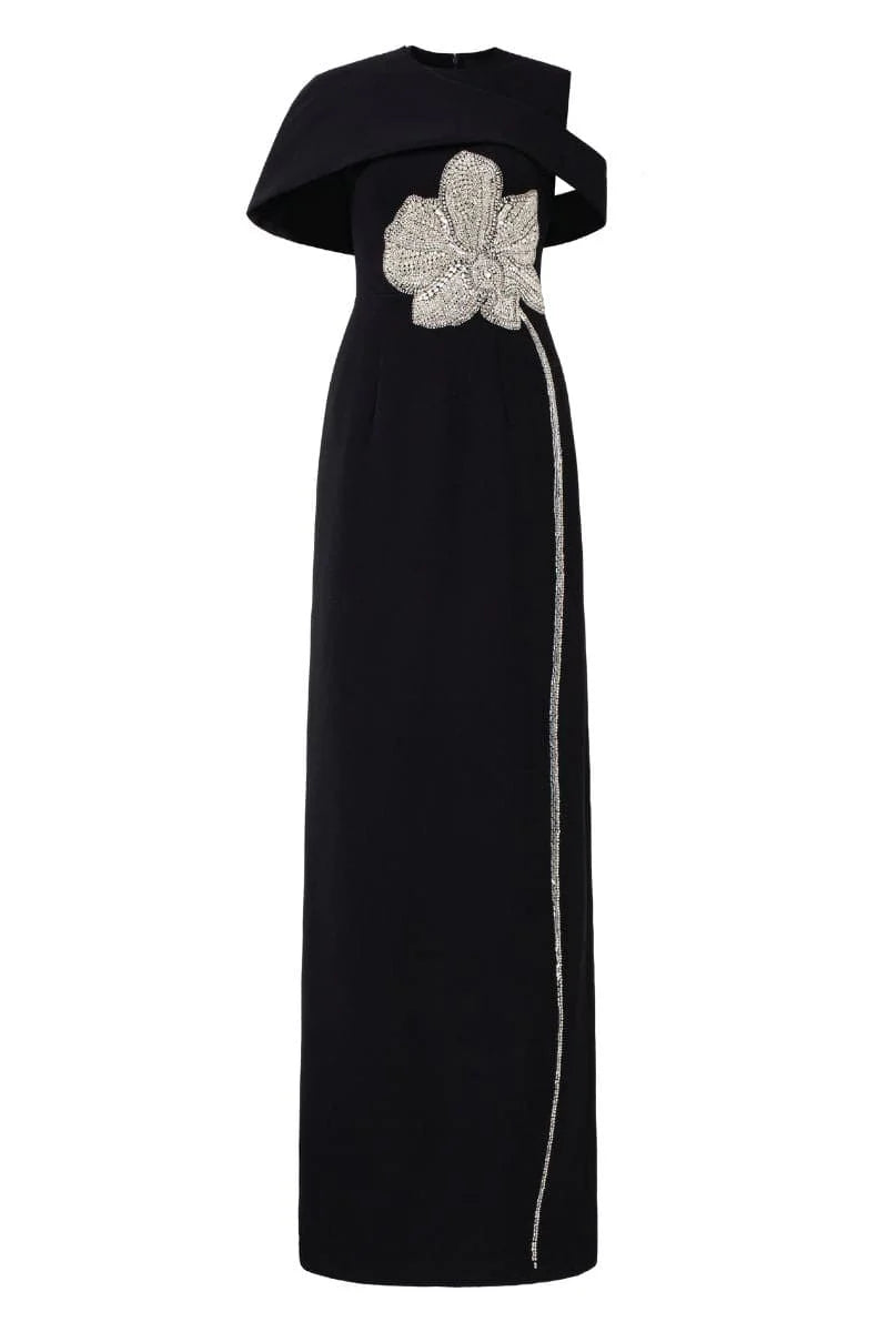 Asymmetric Shoulder Cape With Stone Orchid Patterned Dress Set